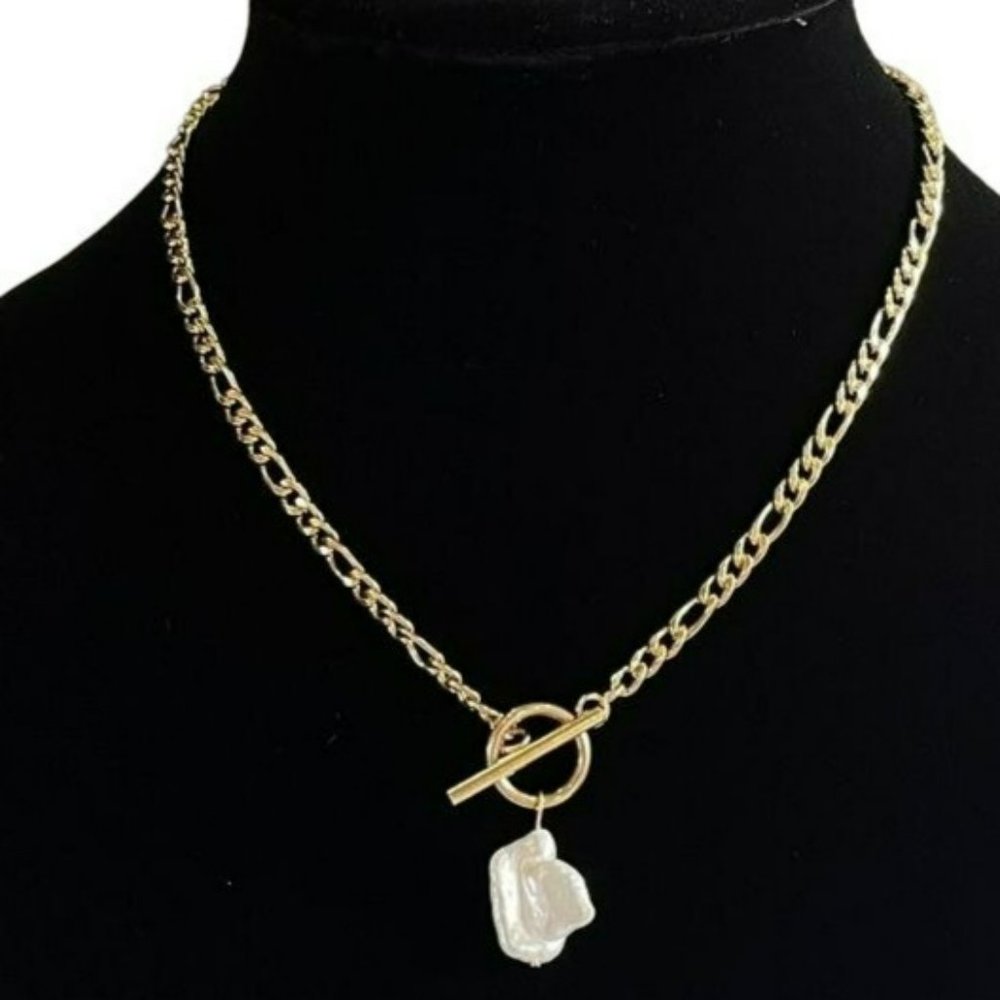 18K Gold Plated Chain Link Baroque Freshwater Pearl Pendant Necklace‎ 17..5in